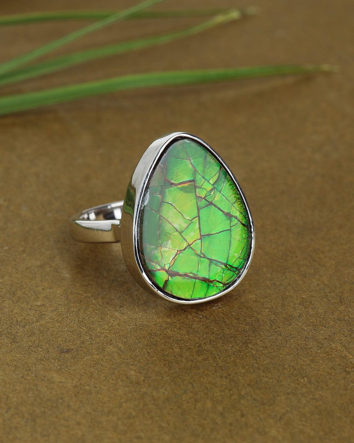 11.00 Ct. Ammolite Ring Solid 925 Sterling Silver Jewelry - YoTreasure