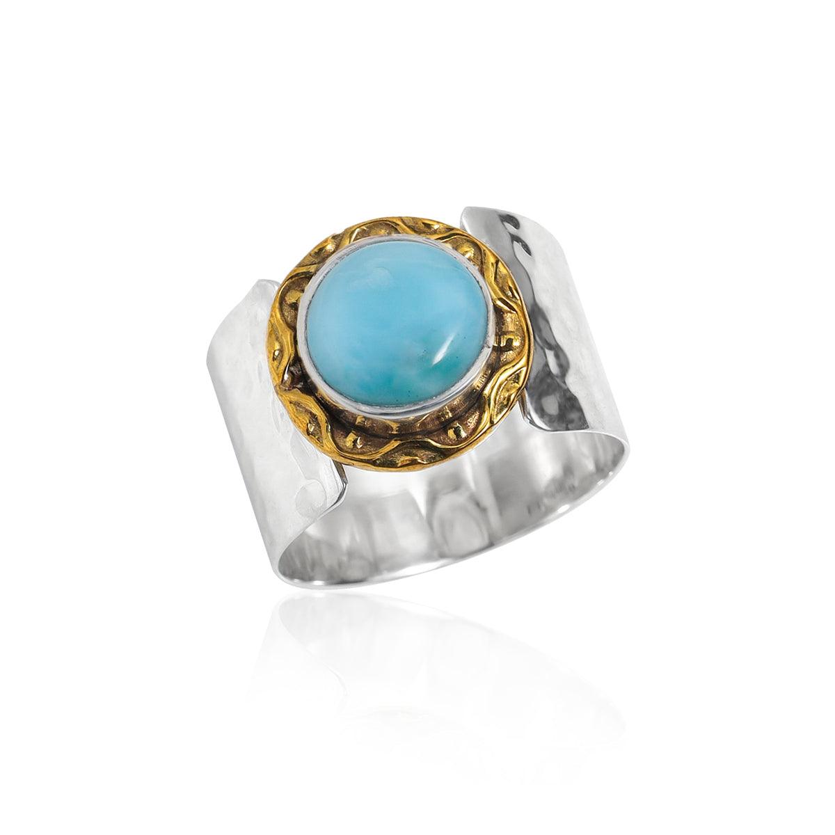 YoTreasure 12 MM Larimar 925 Sterling Silver Brass Wide Band Bold Ring - YoTreasure