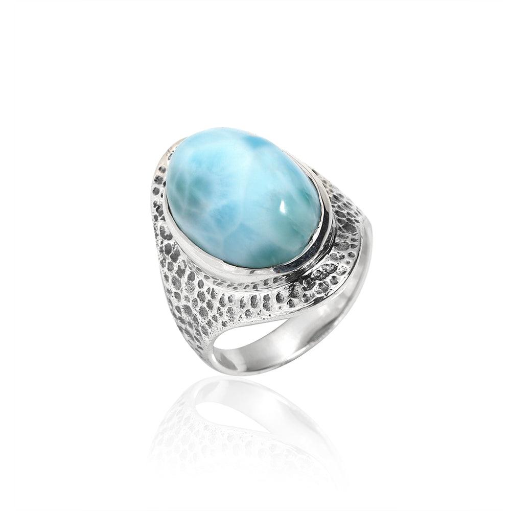YoTreasure 12x16 MM Larimar 925 Sterling Silver Hammered Bold Ring - YoTreasure