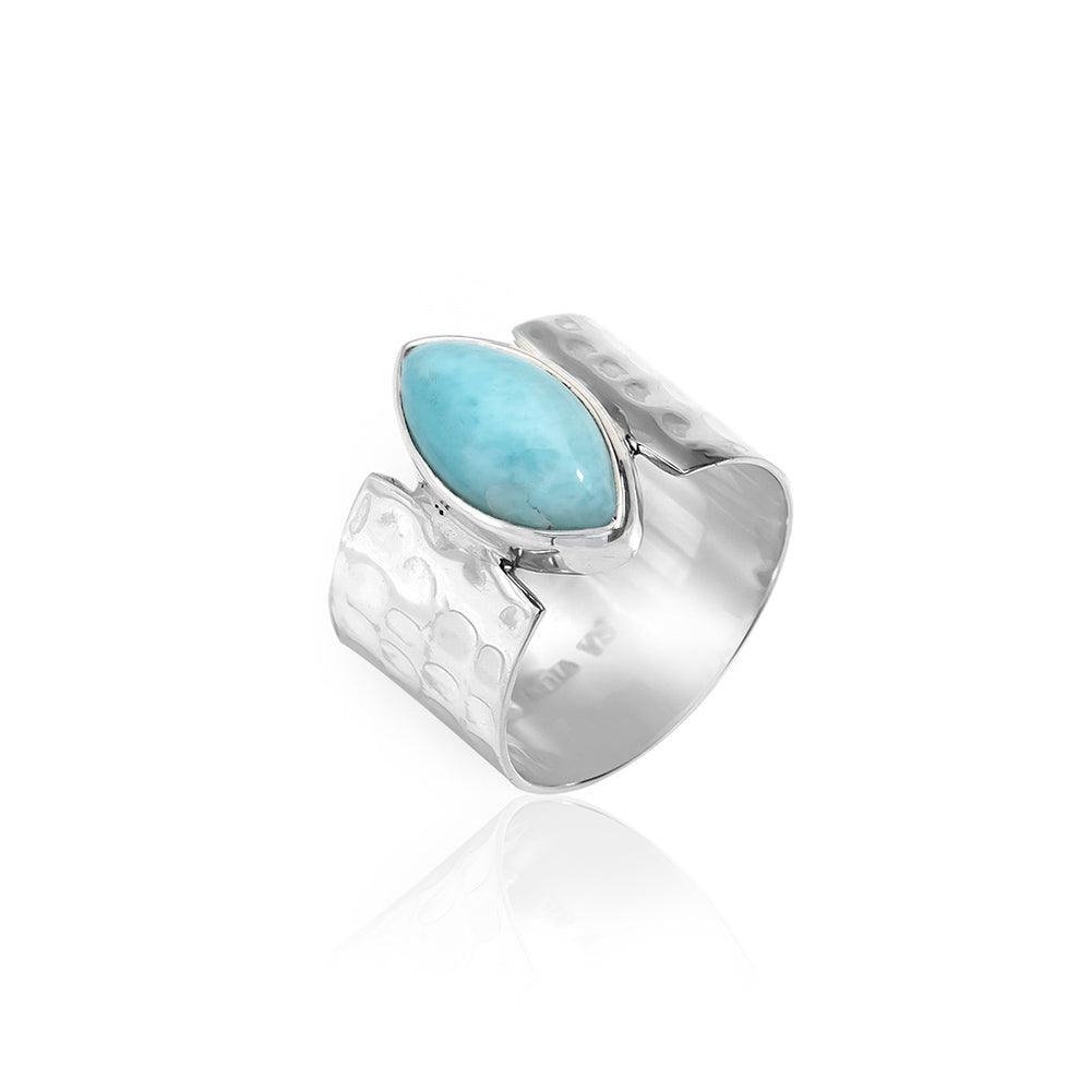 YoTreasure 7x14 MM Larimar 925 Sterling Silver Wide Band Bold Ring - YoTreasure