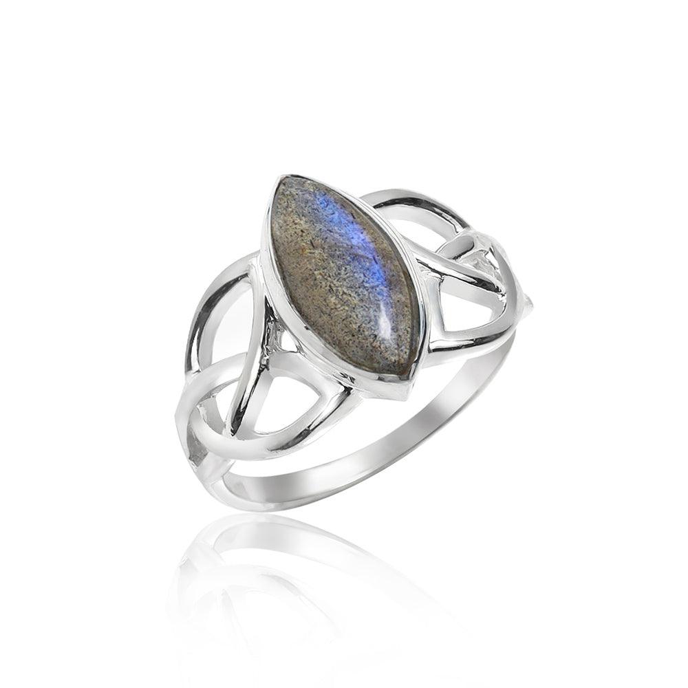 YoTreasure 6x12MM Marquise Shape Labradorite Birthstone Gemstone 925 Sterling Silver Victorian Style Triquetra Celtic Trinity Knot Ring - YoTreasure