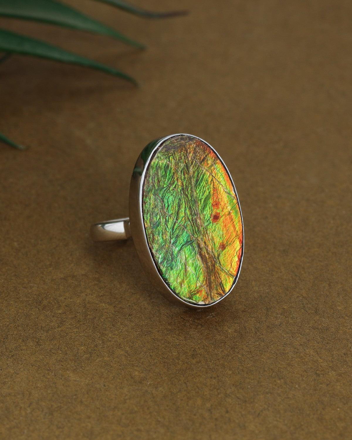 12.15 Ct. Ammolite Solid 925 Sterling Silver Statement Ring - YoTreasure
