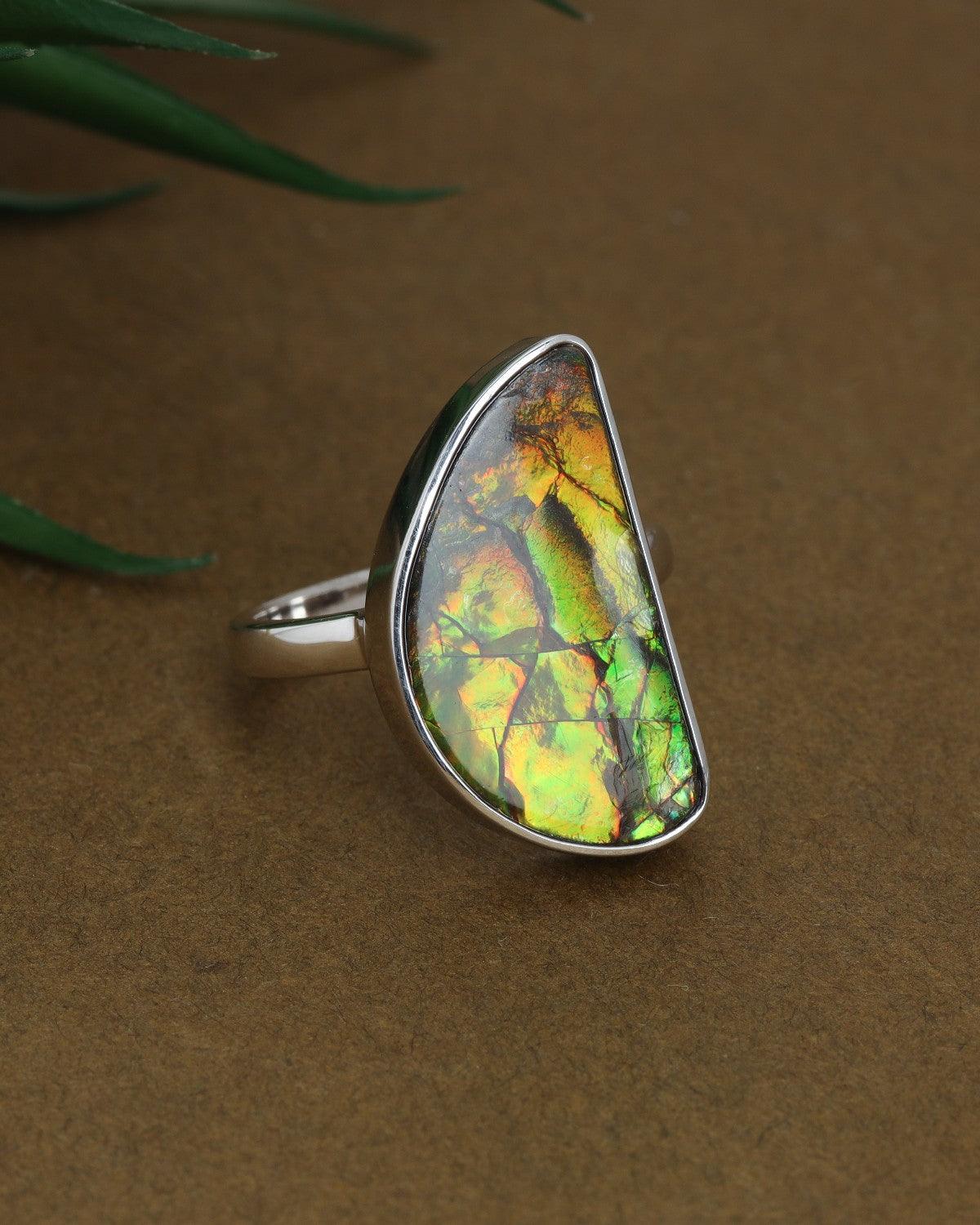 8.95 Ct Ammolite Ring Solid 925 Sterling Silver Jewelry - YoTreasure