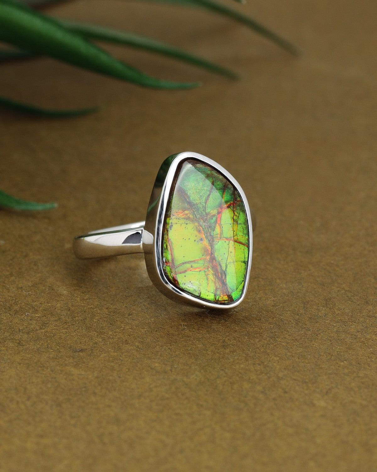 5.25 Ct. Ammolite Ring Solid 925 Sterling Silver Gemstone Jewelry - YoTreasure