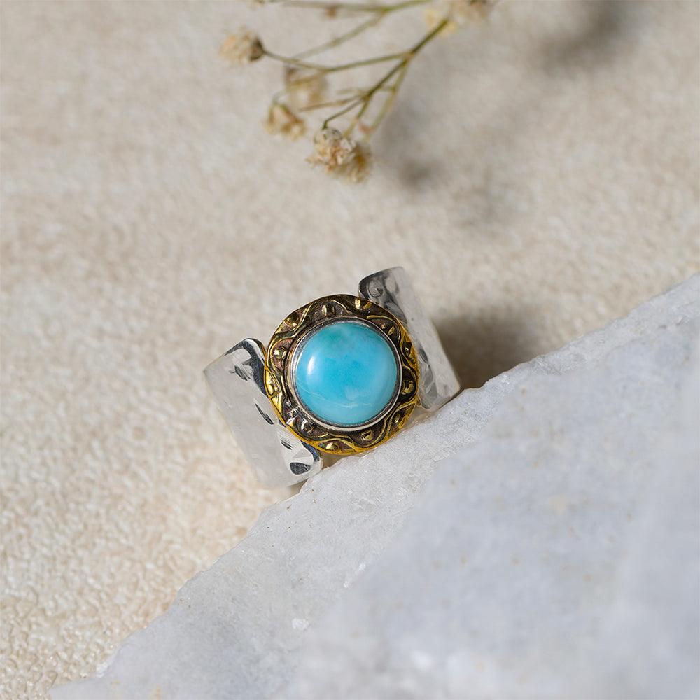 YoTreasure 12 MM Larimar 925 Sterling Silver Brass Wide Band Bold Ring - YoTreasure