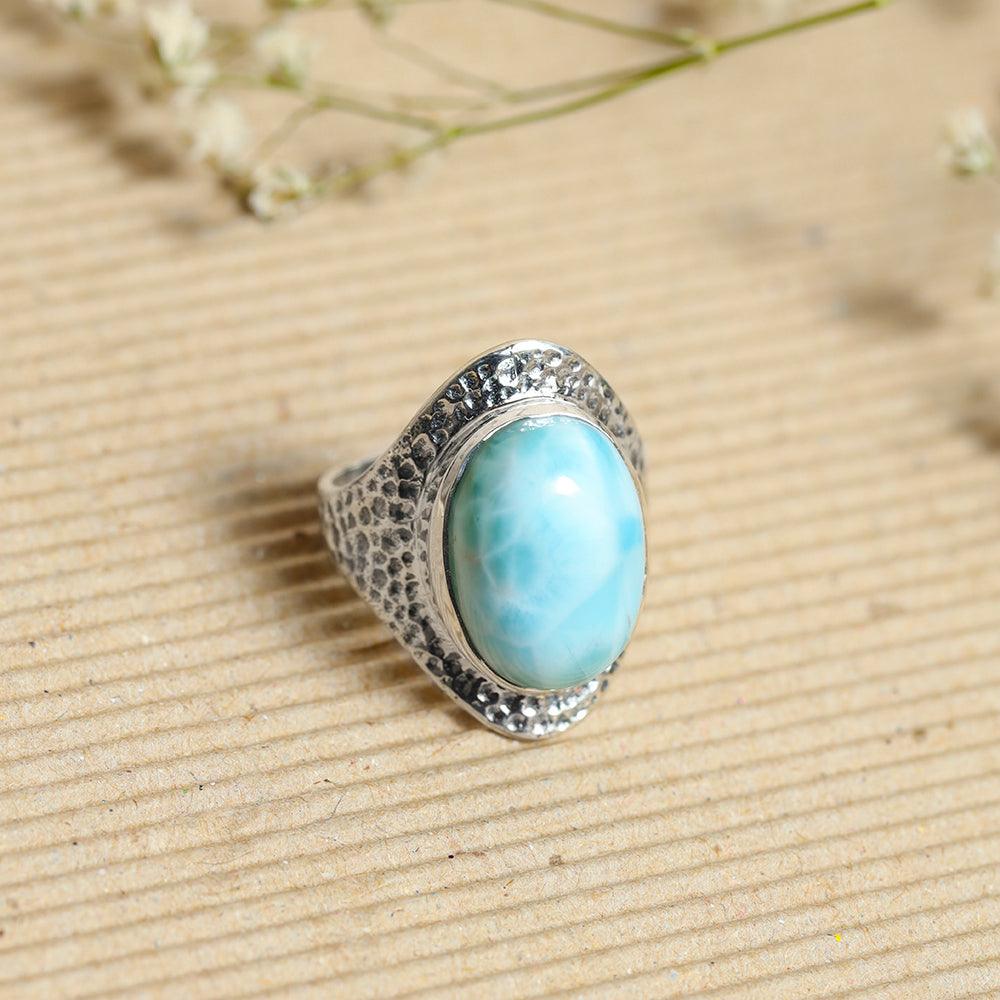 YoTreasure 12x16 MM Larimar 925 Sterling Silver Hammered Bold Ring - YoTreasure