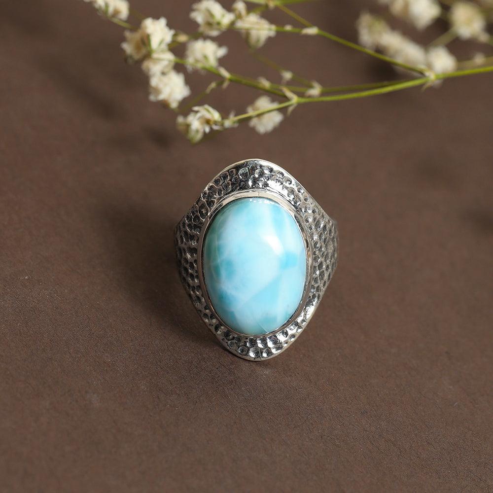 YoTreasure 12x16 MM Larimar 925 Sterling Silver Hammered Bold Ring - YoTreasure