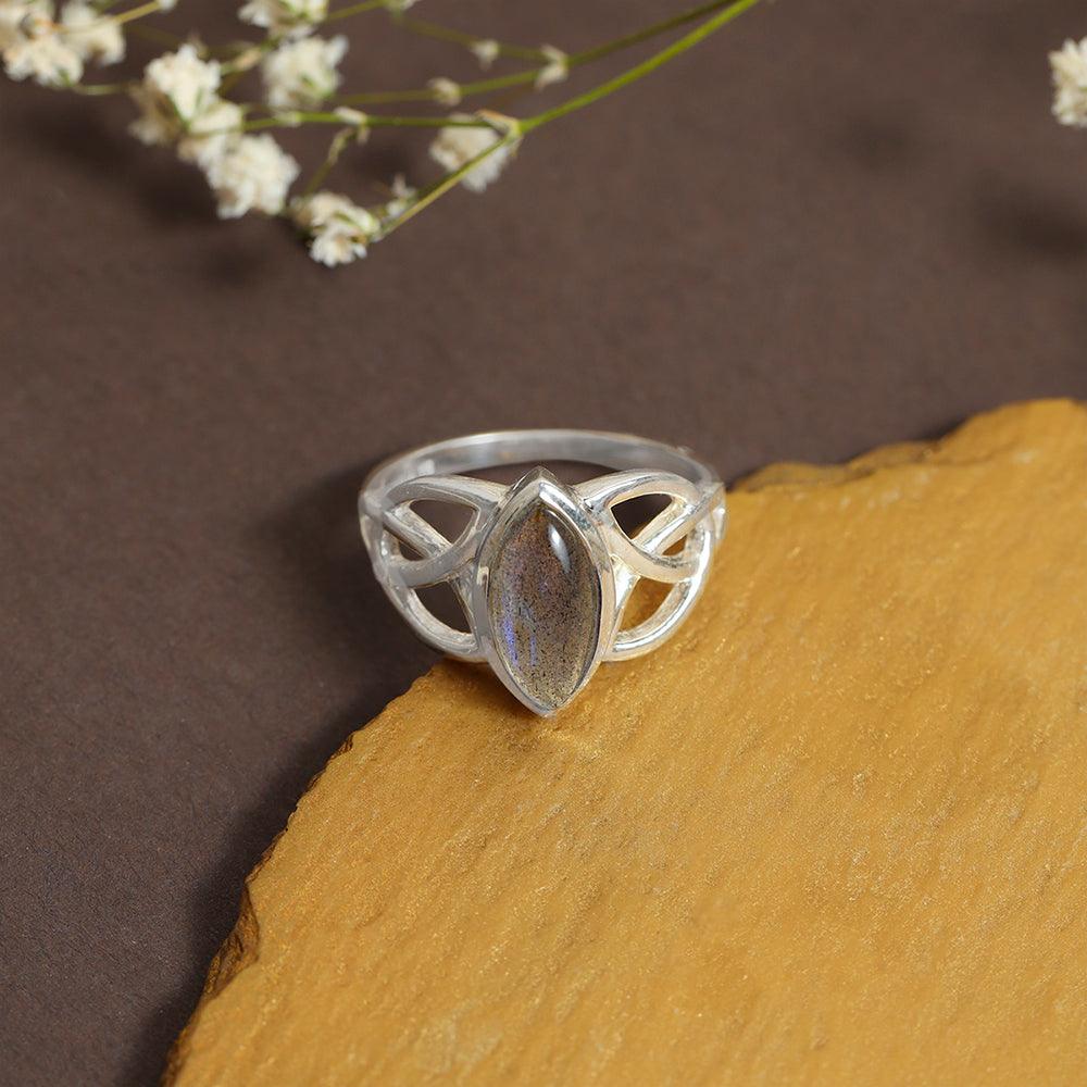 YoTreasure 6x12MM Marquise Shape Labradorite Birthstone Gemstone 925 Sterling Silver Victorian Style Triquetra Celtic Trinity Knot Ring - YoTreasure