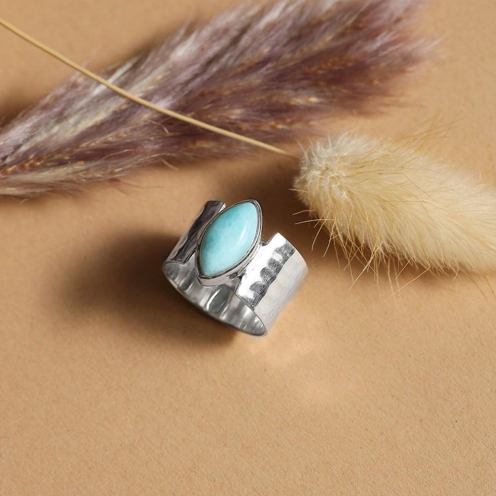 YoTreasure 7x14 MM Larimar 925 Sterling Silver Wide Band Bold Ring - YoTreasure