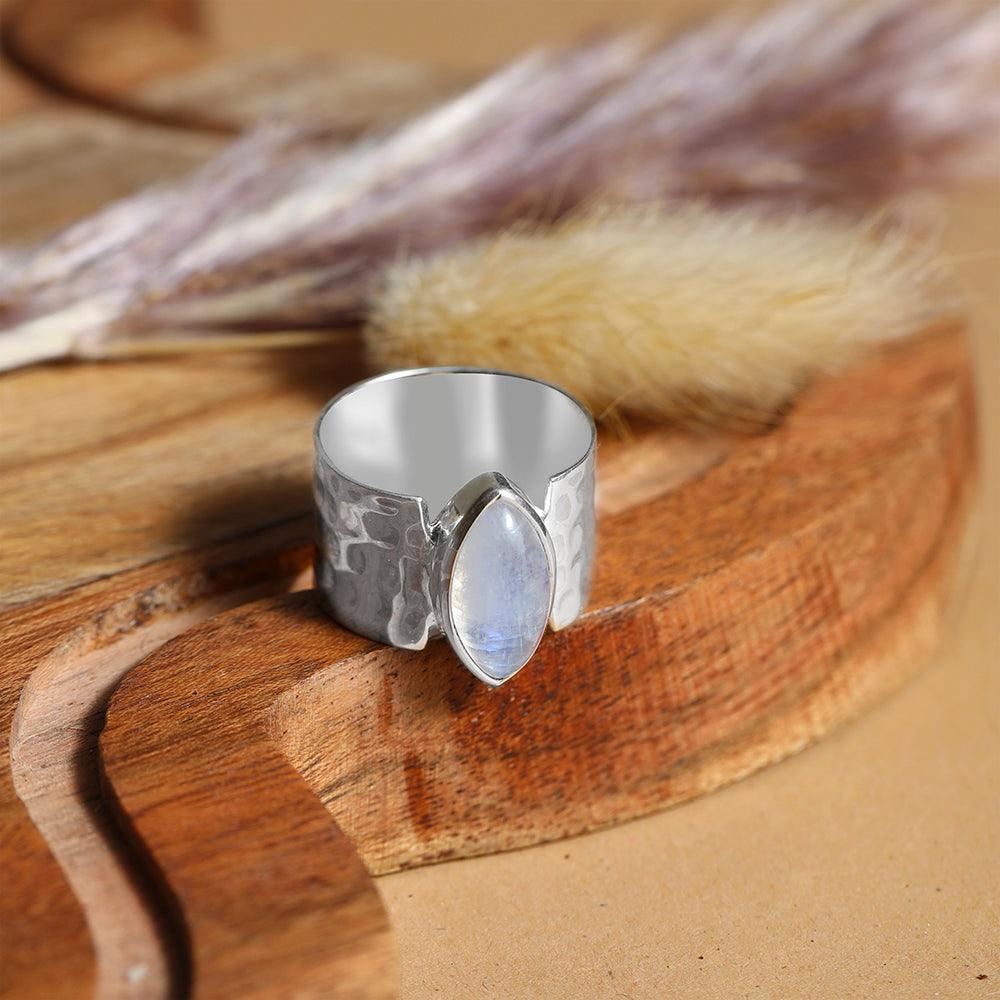 YoTreasure 7x14 MM Moonstone 925 Sterling Silver Wide Band Bold Ring - YoTreasure