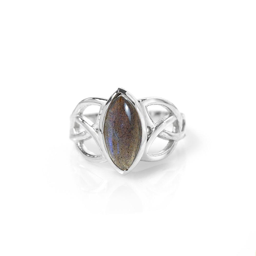 YoTreasure 6x12MM Marquise Shape Labradorite Birthstone Gemstone 925 Sterling Silver Victorian Style Triquetra Celtic Trinity Knot Ring - YoTreasure