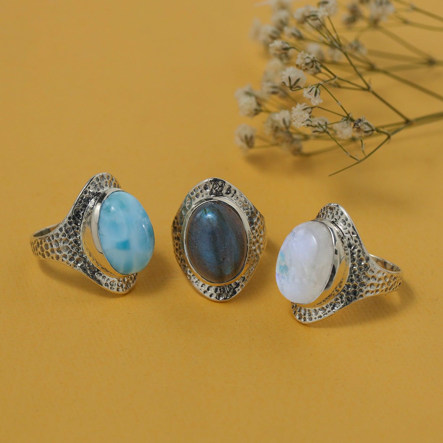 YoTreasure 12x16 MM Larimar 925 Sterling Silver Hammered Bold Ring - YoTreasure