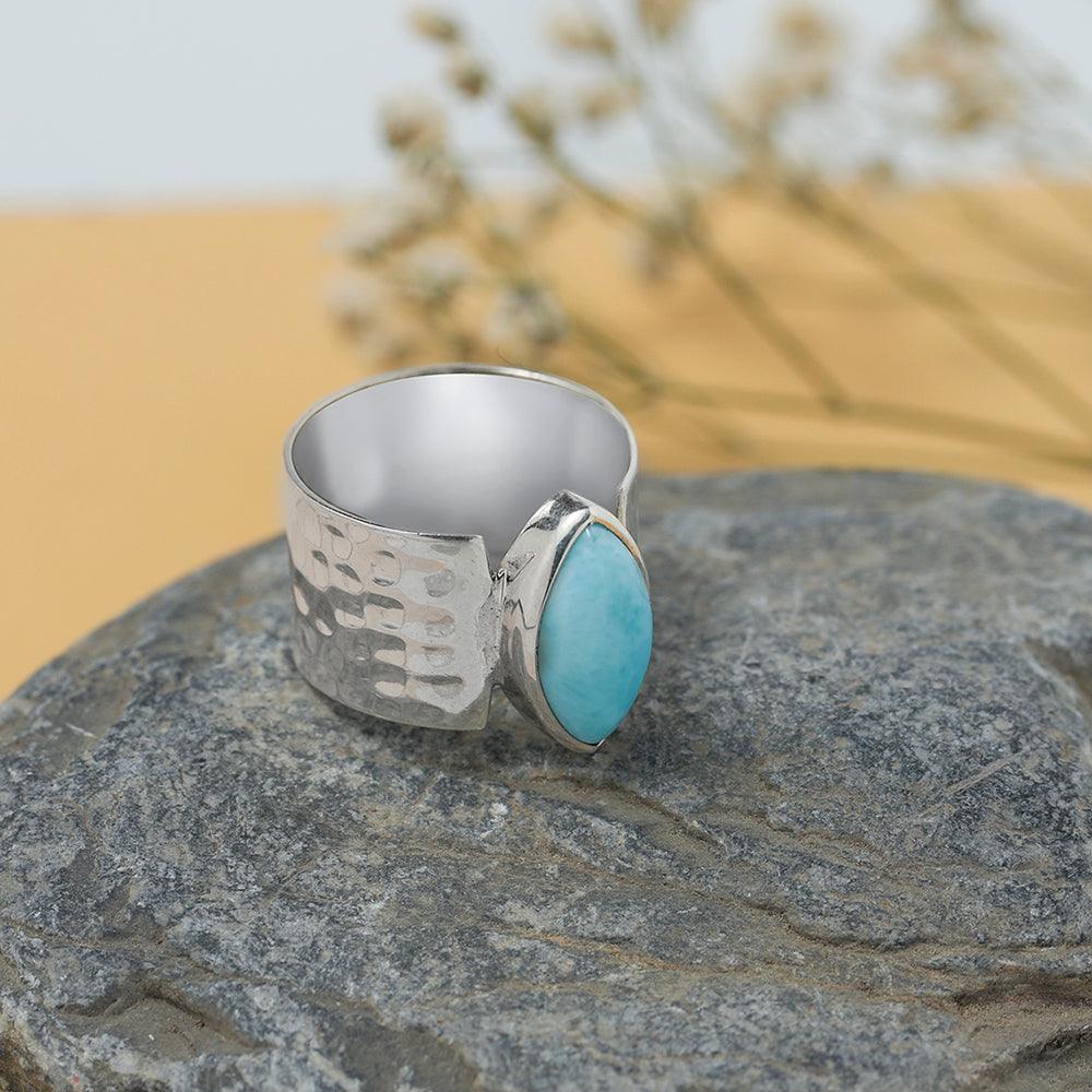 YoTreasure 7x14 MM Larimar 925 Sterling Silver Wide Band Bold Ring - YoTreasure