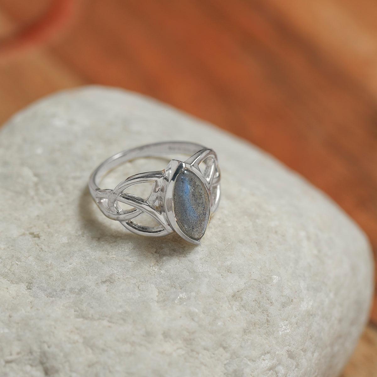 YoTreasure 6x12MM Marquise Shape Labradorite Birthstone Gemstone 925 Sterling Silver Victorian Style Triquetra Celtic Trinity Knot Ring - YoTreasure