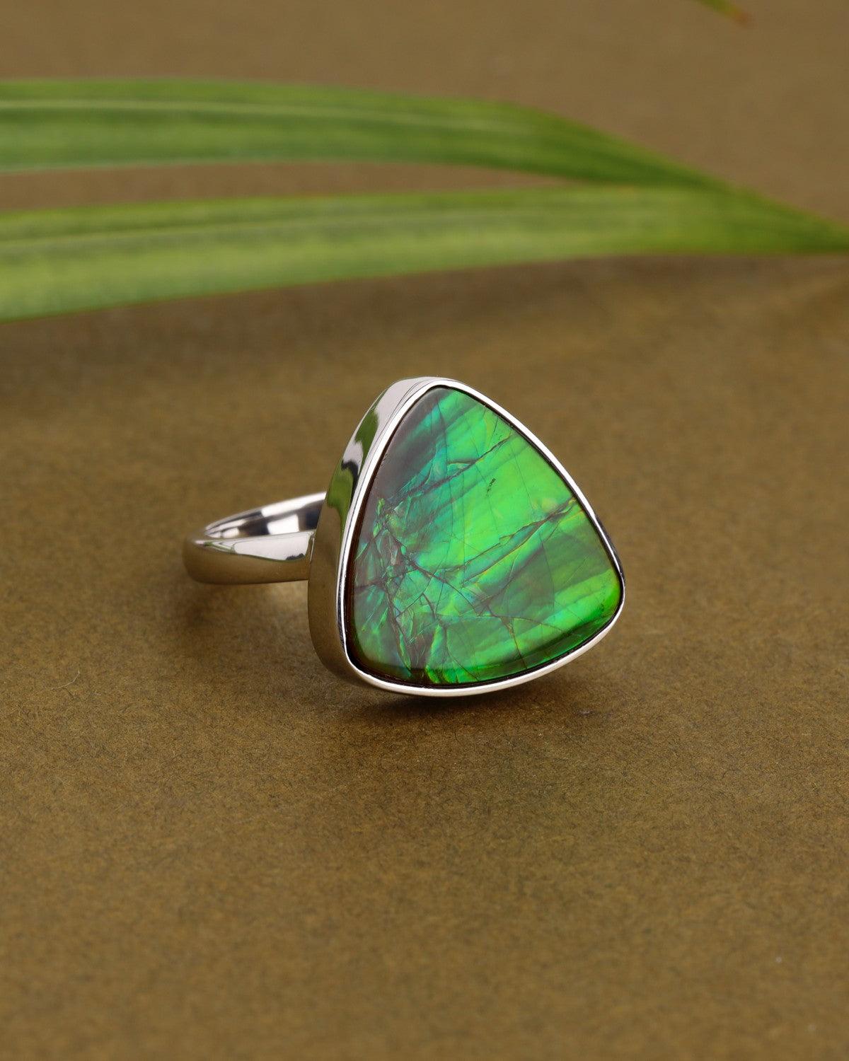 11.90 Ct. Ammolite Ring Solid 925 Sterling Silver Gemstone Jewelry - YoTreasure