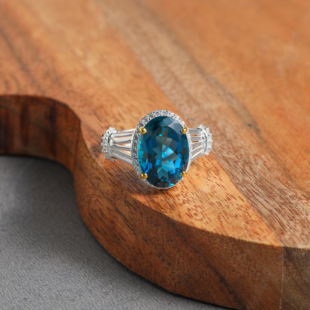 6.44 Ct. London Blue Topaz White Zircon 14K Gold Plated 925 Silver Engagement Ring - YoTreasure