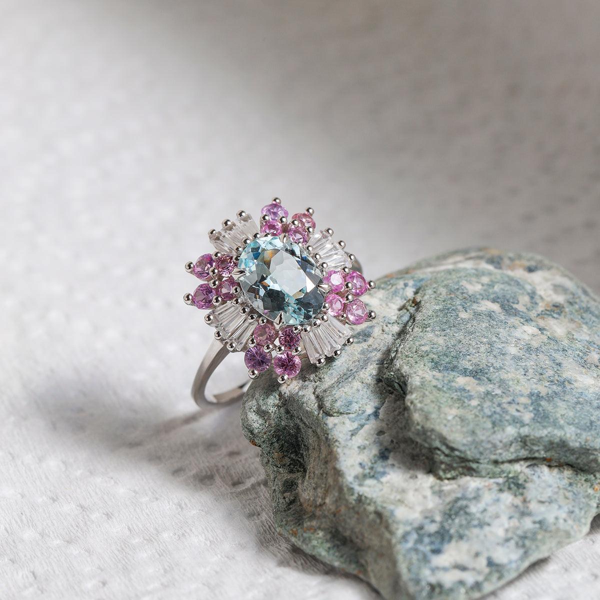 2.74 Ct. Aquamarine White Zircon Pink Sapphire 14K White Gold Engagement Ring - YoTreasure