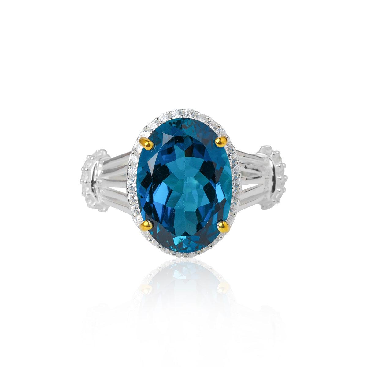 6.44 Ct. London Blue Topaz White Zircon 14K Gold Plated 925 Silver Engagement Ring - YoTreasure