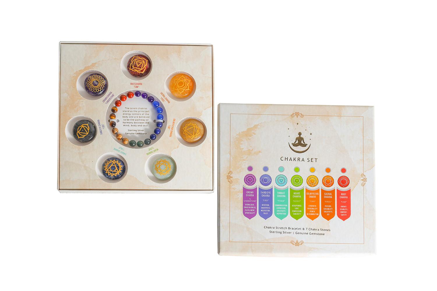 Chakra Stretch Bracelet & 7 Spiritual Energy Crystals Gift Box Set in Sterling Silver - YoTreasure