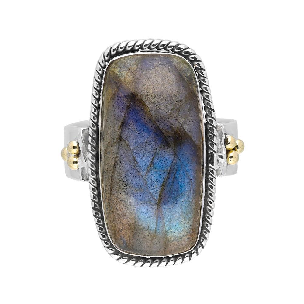 Labradorite Solid 925 Sterling Silver Bold Ring With Brass Accents Jewelry - YoTreasure