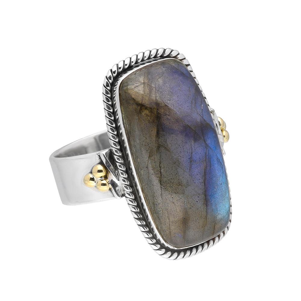 Labradorite Solid 925 Sterling Silver Bold Ring With Brass Accents Jewelry - YoTreasure