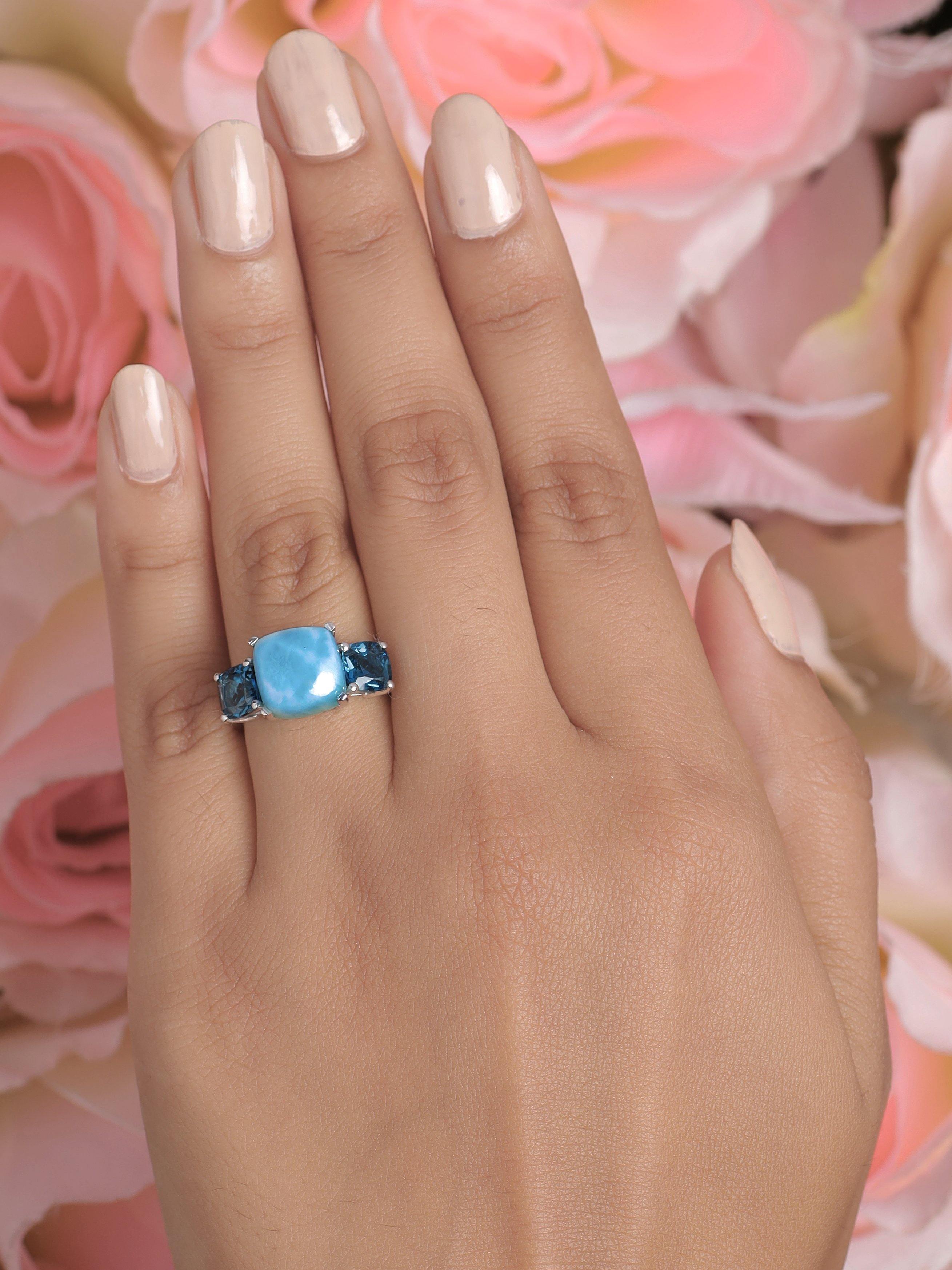 7.37 Ct. Larimar London Blue Topaz Solid 925 Sterling Silver Ring Jewelry - YoTreasure