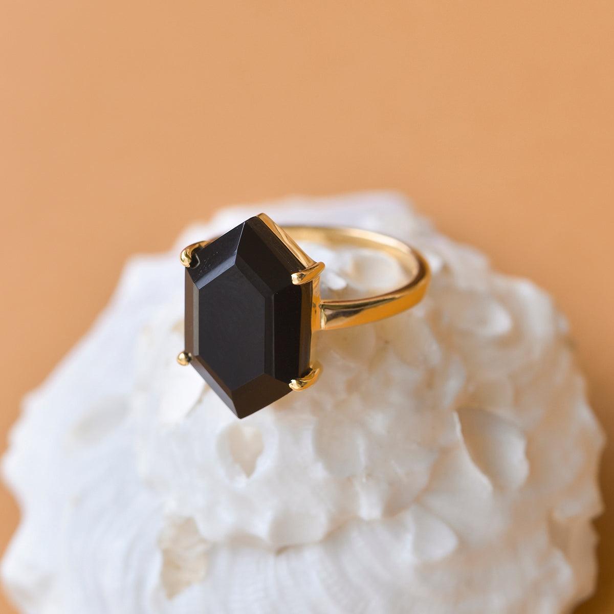 Black Onyx Solitaire Ring 14k Gold Over 925 Sliver - YoTreasure