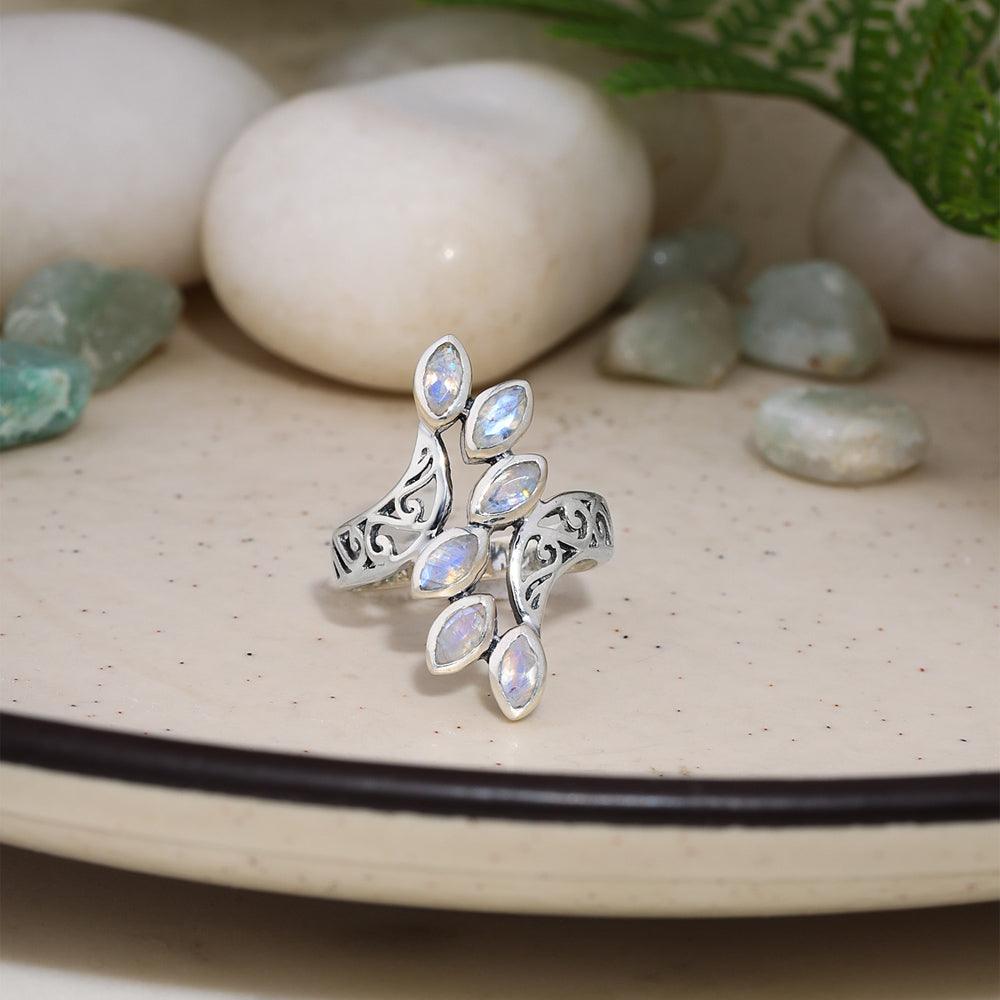 Rainbow Moonstone Solid 925 Sterling Silver Leaf Design Ring Jewelry - YoTreasure