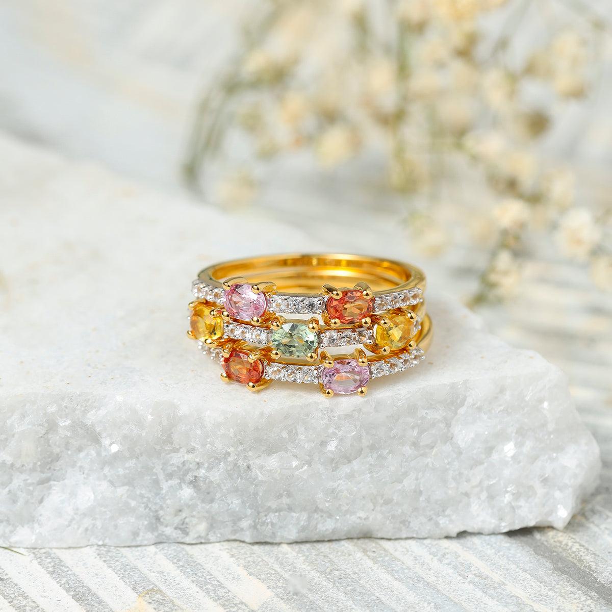 Multi Sapphire Love Ring 10K Yellow Gold Stackable Rings Set Jewelry - YoTreasure