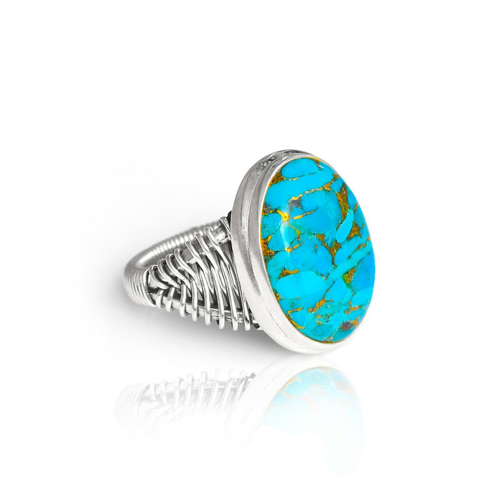 Blue Copper Turquoise Solid 925 Sterling Silver Cocktail Ring Jewelry - YoTreasure