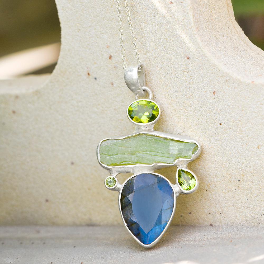 Labradorite Green Kyanite Solid 925 Sterling Silver Pendant Necklace - YoTreasure