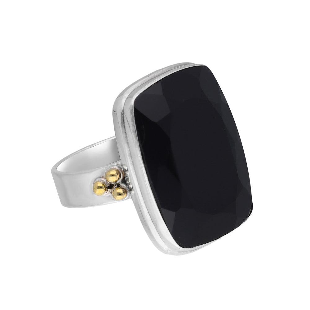 Black Onyx Statement Ring Solid 925 Sterling Silver With Brass Accents - YoTreasure