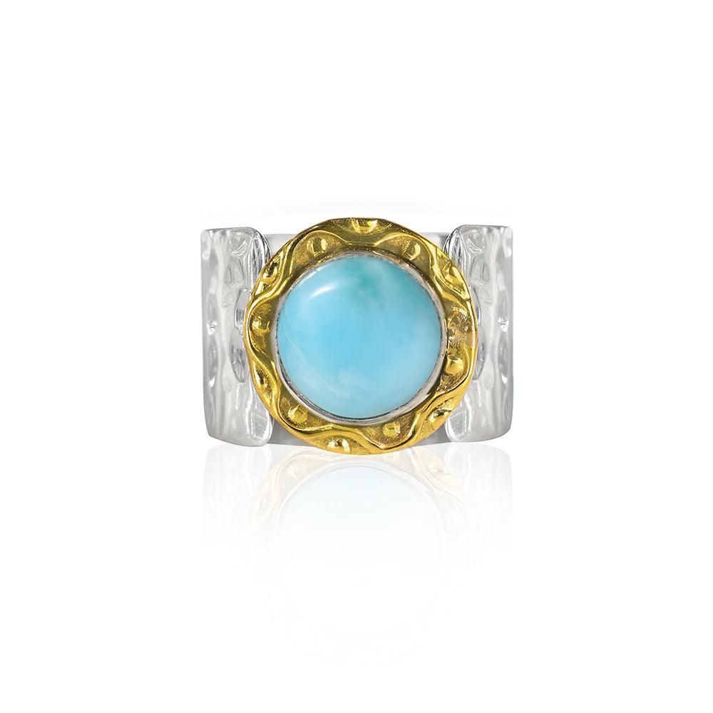 YoTreasure 12 MM Larimar 925 Sterling Silver Brass Wide Band Bold Ring - YoTreasure