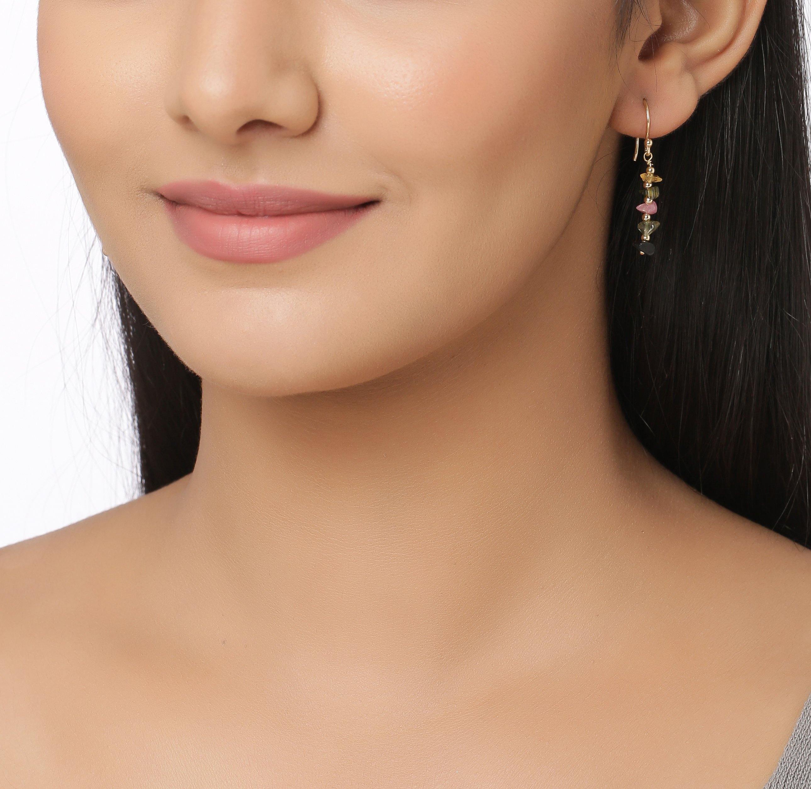 Multi Tourmaline Solid 925 Silver Gold Plated Dangle Earrings Jewelry - YoTreasure
