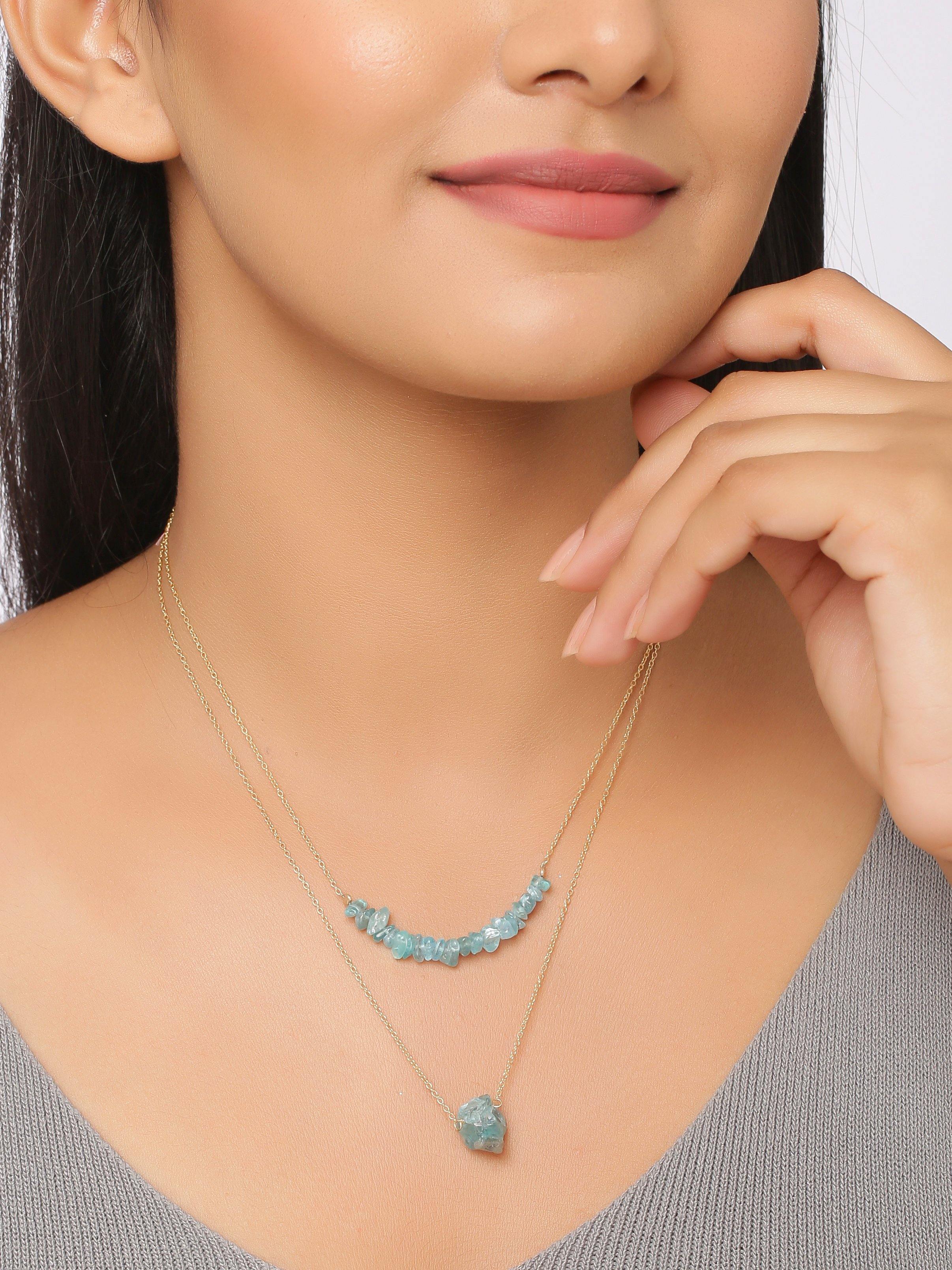 Apatite Solid 925 Sterling Silver Gold Plated Double Layer Chain Pendant Necklace Jewelry - YoTreasure