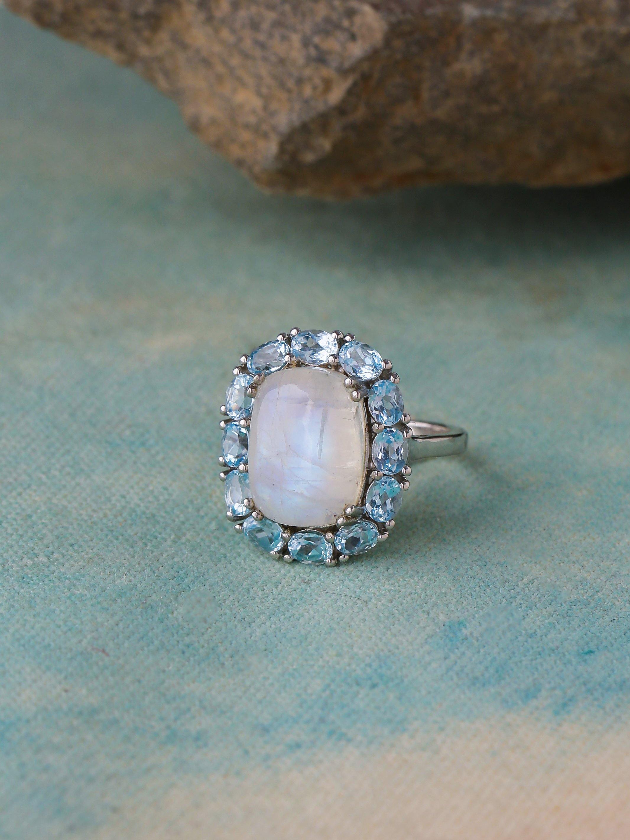 Rainbow Moonstone Sky Blue Topaz Solid 925 Sterling Silver Cluster Ring Jewelry - YoTreasure