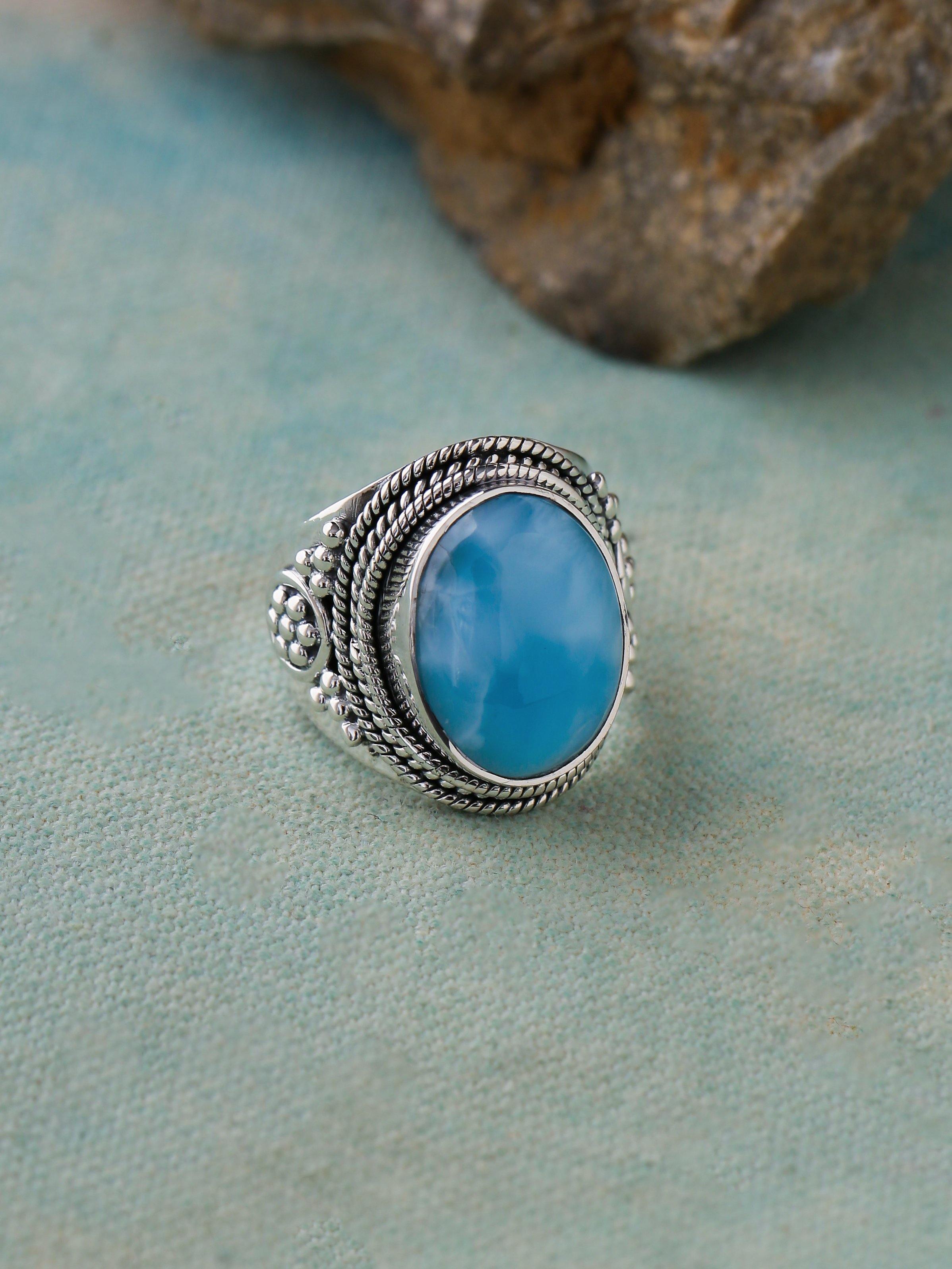 Natural Larimar Solid 925 Sterling Silver Ring Jewelry - YoTreasure