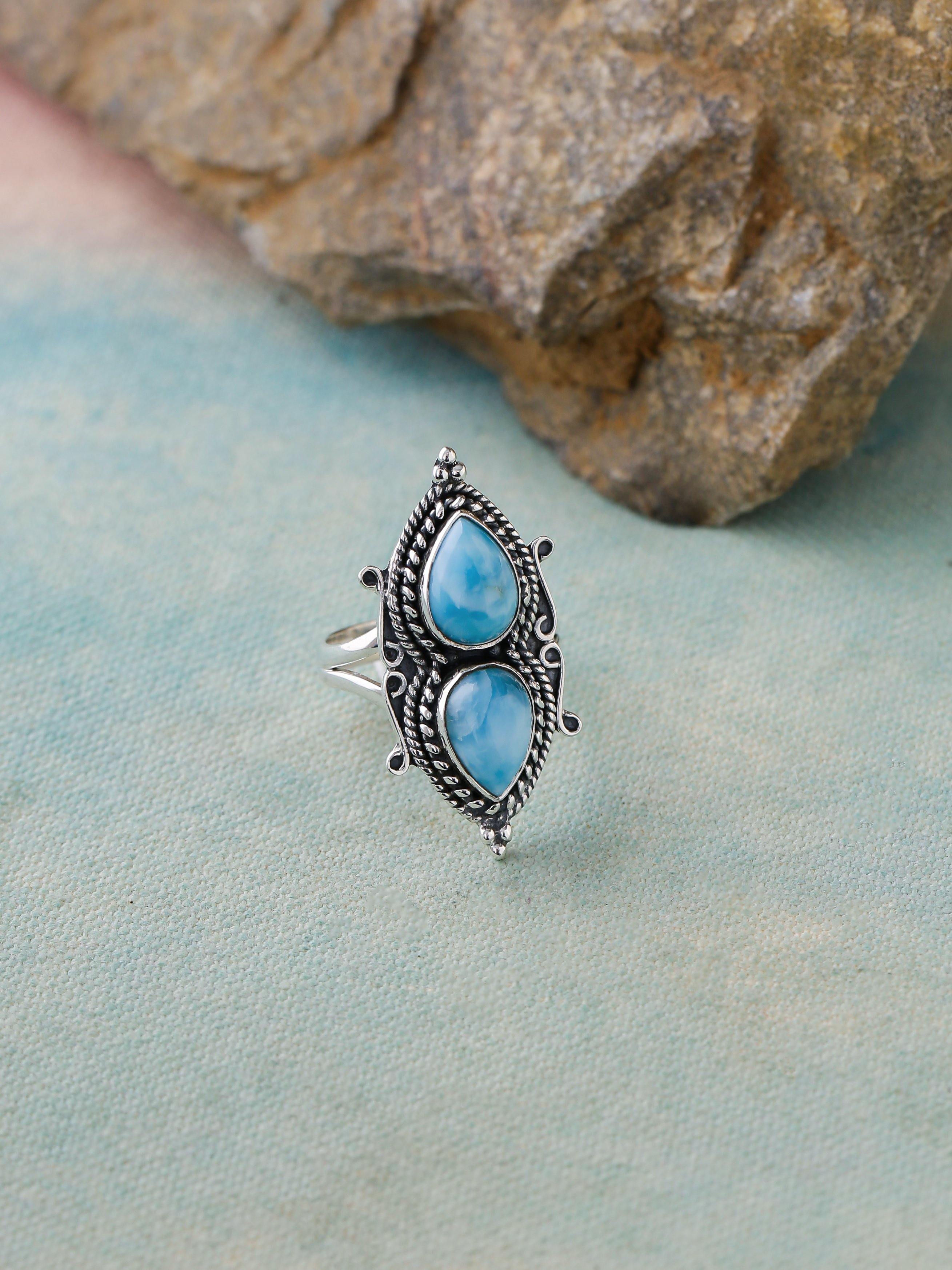 Natural Larimar Solid 925 Sterling Silver Designer Ring Jewelry - YoTreasure