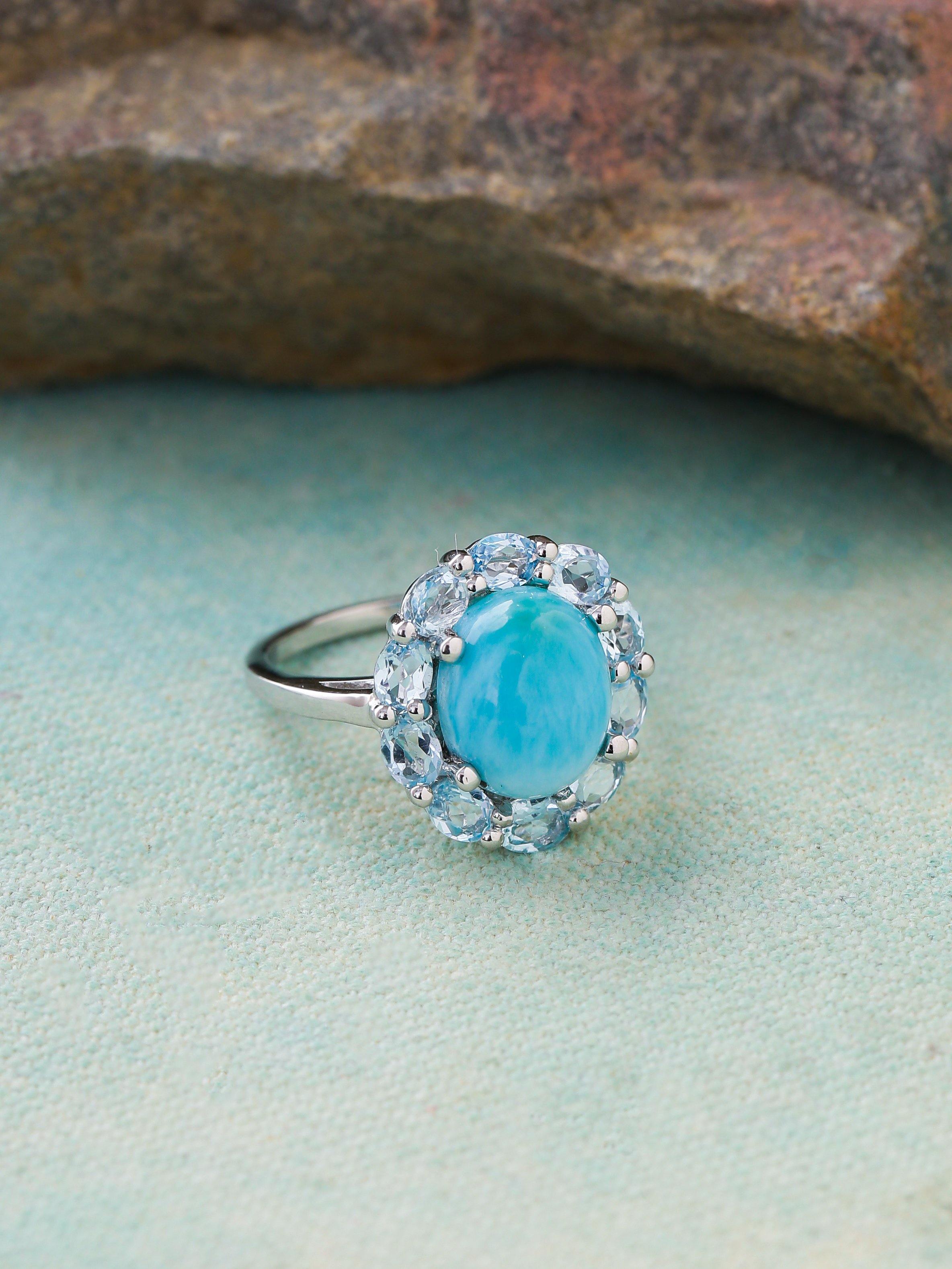 5.43 Ct. Larimar Blue Topaz Sterling Silver Flower Cluster Ring Jewelry - YoTreasure