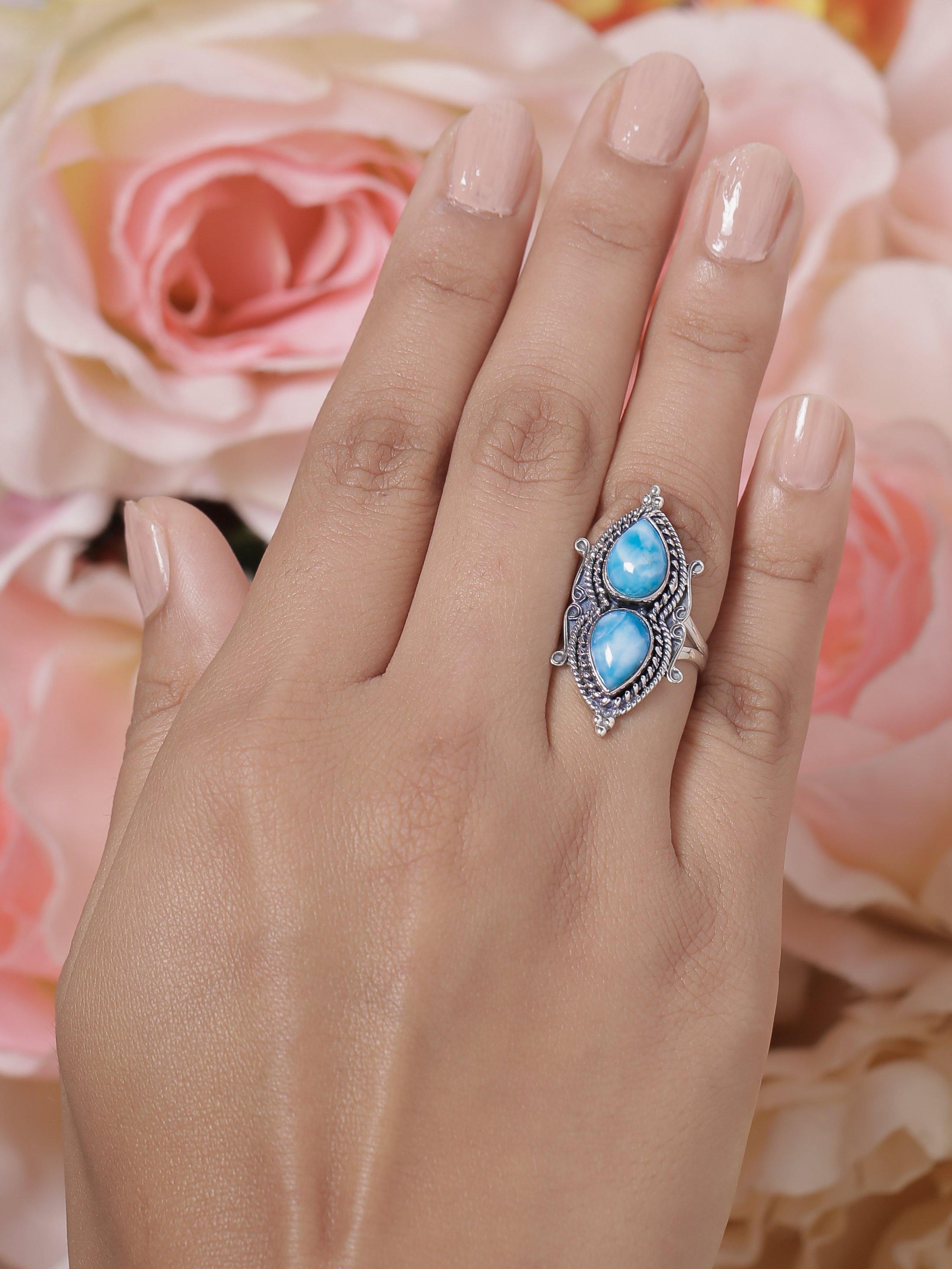 Natural Larimar Solid 925 Sterling Silver Designer Ring Jewelry - YoTreasure