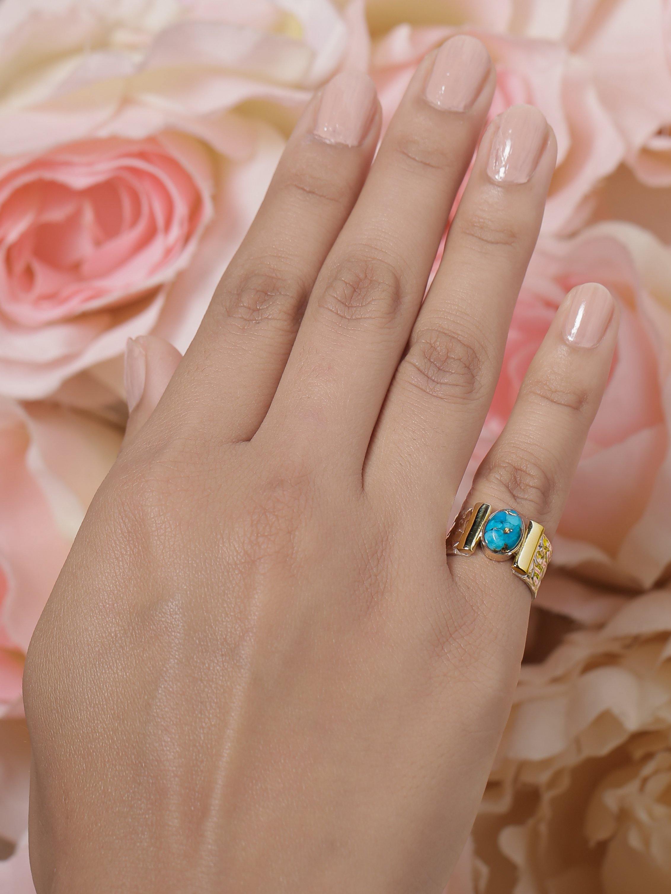 Turquoise Ring Solid 925 Sterling Silver Brass Gemstone Jewelry - YoTreasure