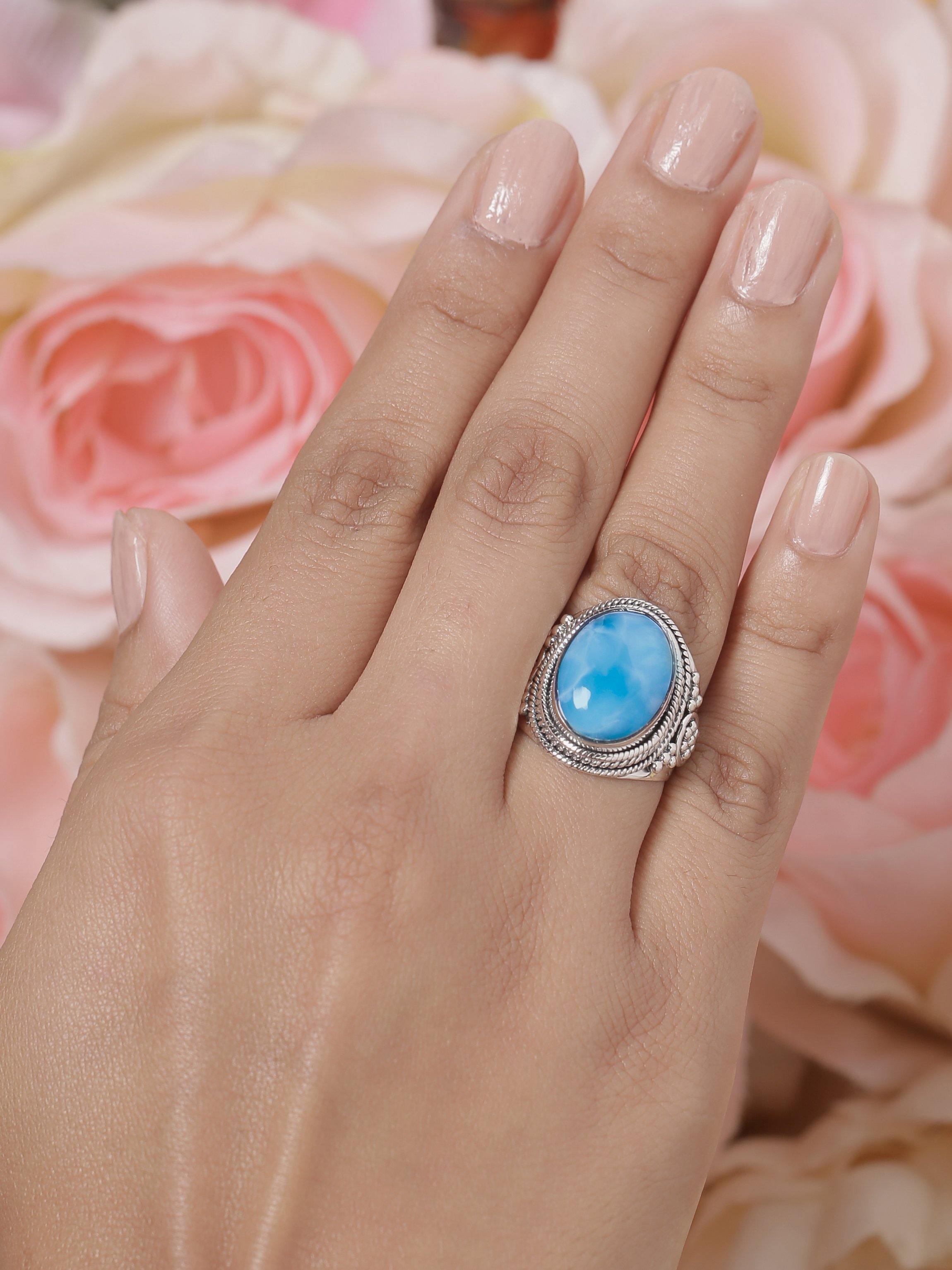 Natural Larimar Solid 925 Sterling Silver Ring Jewelry - YoTreasure