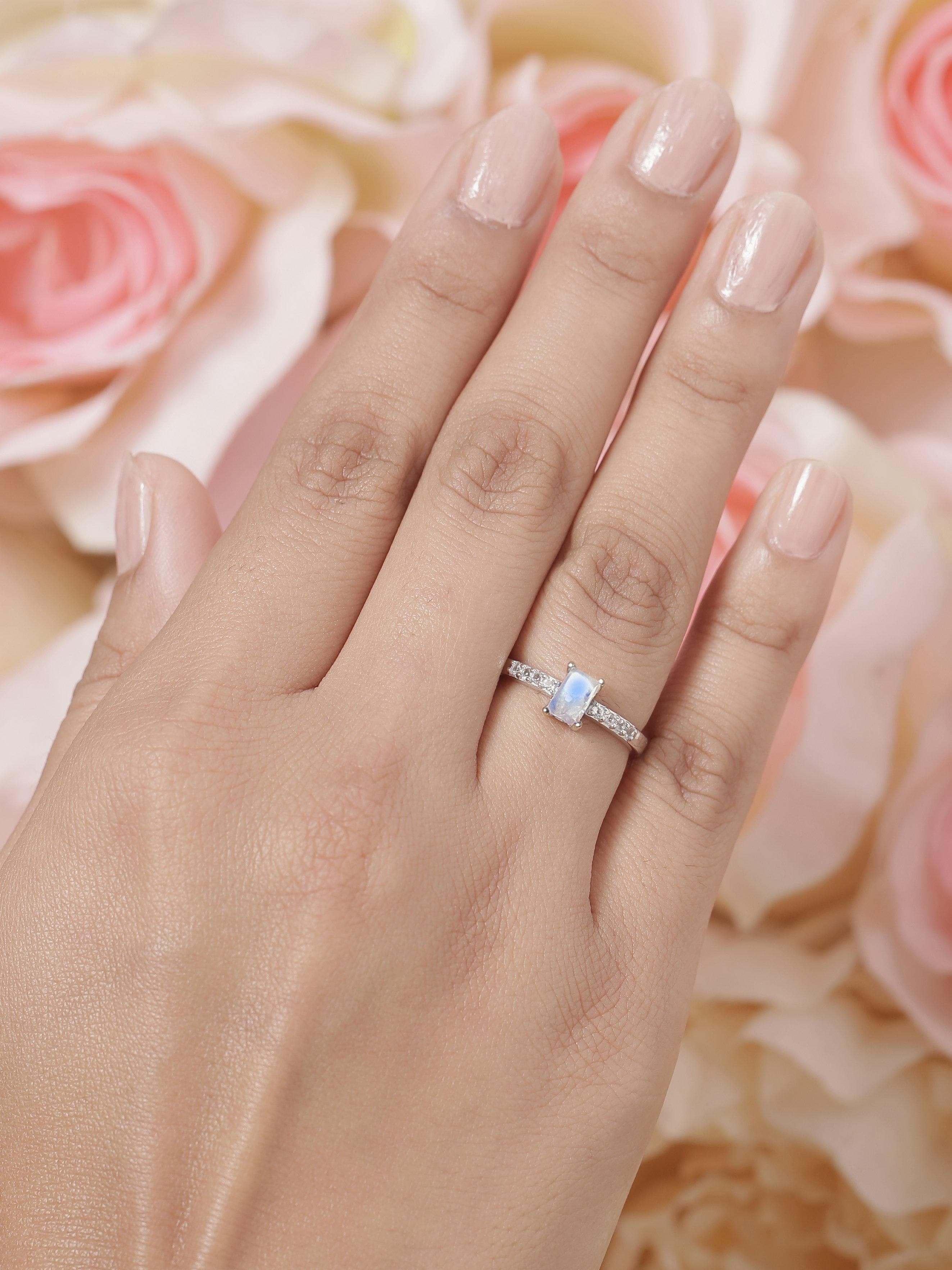 0.64 Ct Moonstone White Topaz Solid 925 Sterling Silver Ring Jewelry - YoTreasure