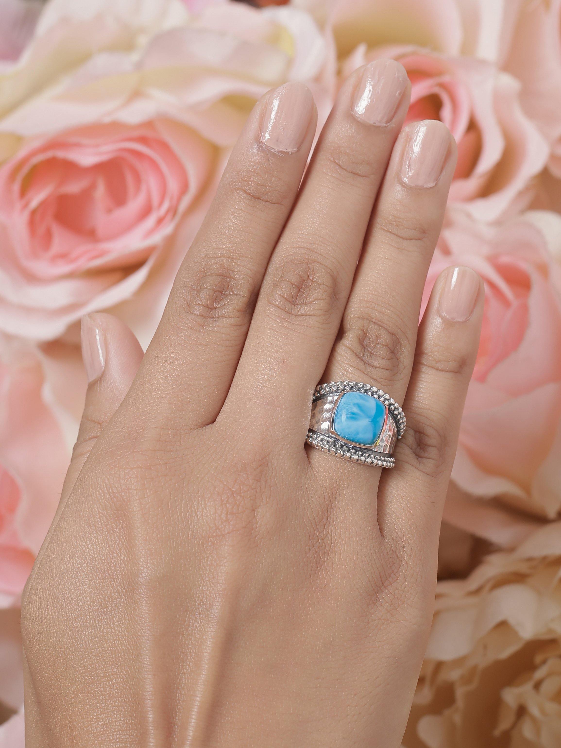 Natural Larimar Solid 925 Sterling Silver Ring Jewelry - YoTreasure