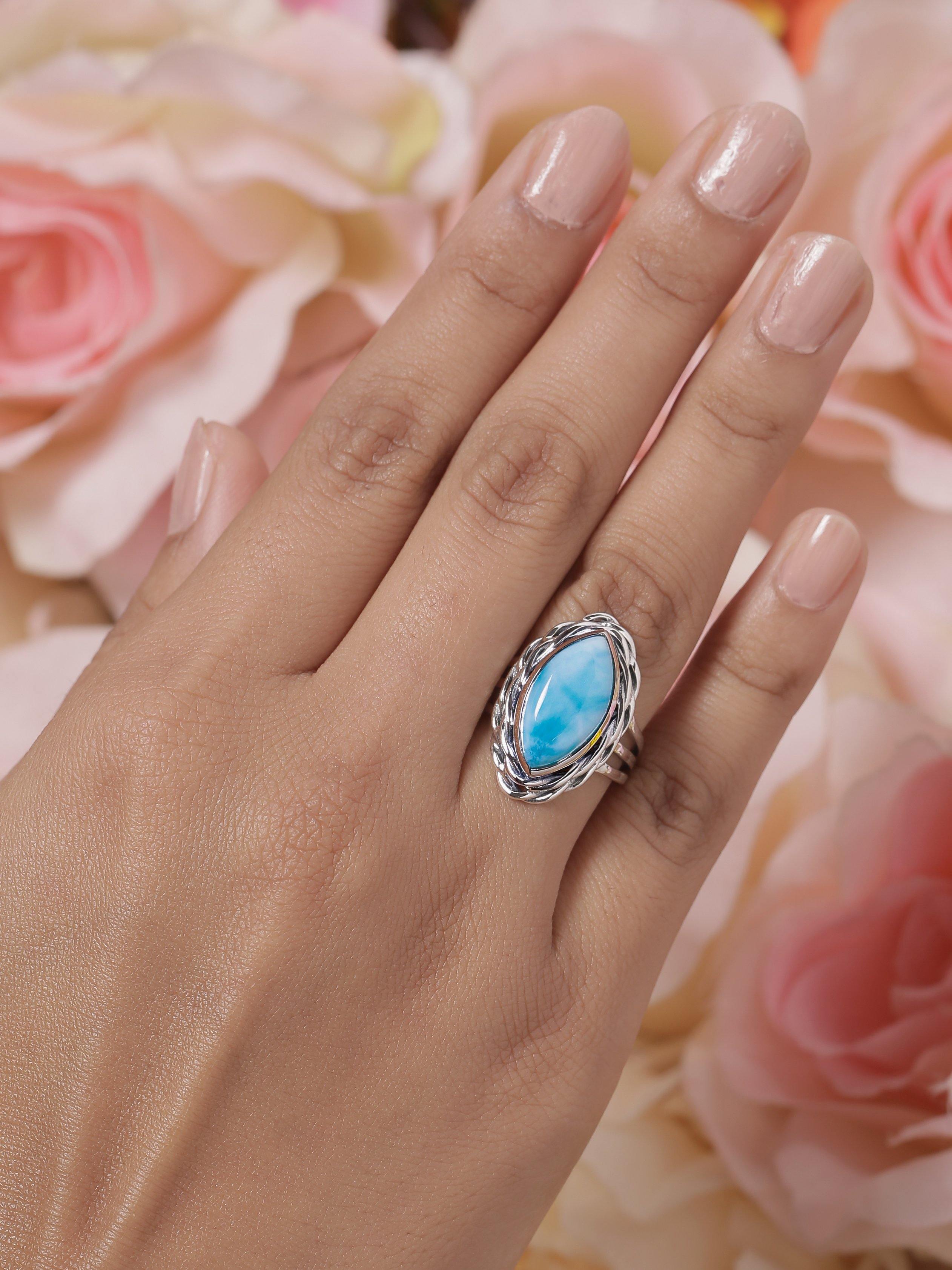 Natural Larimar Solid 925 Sterling Silver Braided Design Ring Jewelry - YoTreasure
