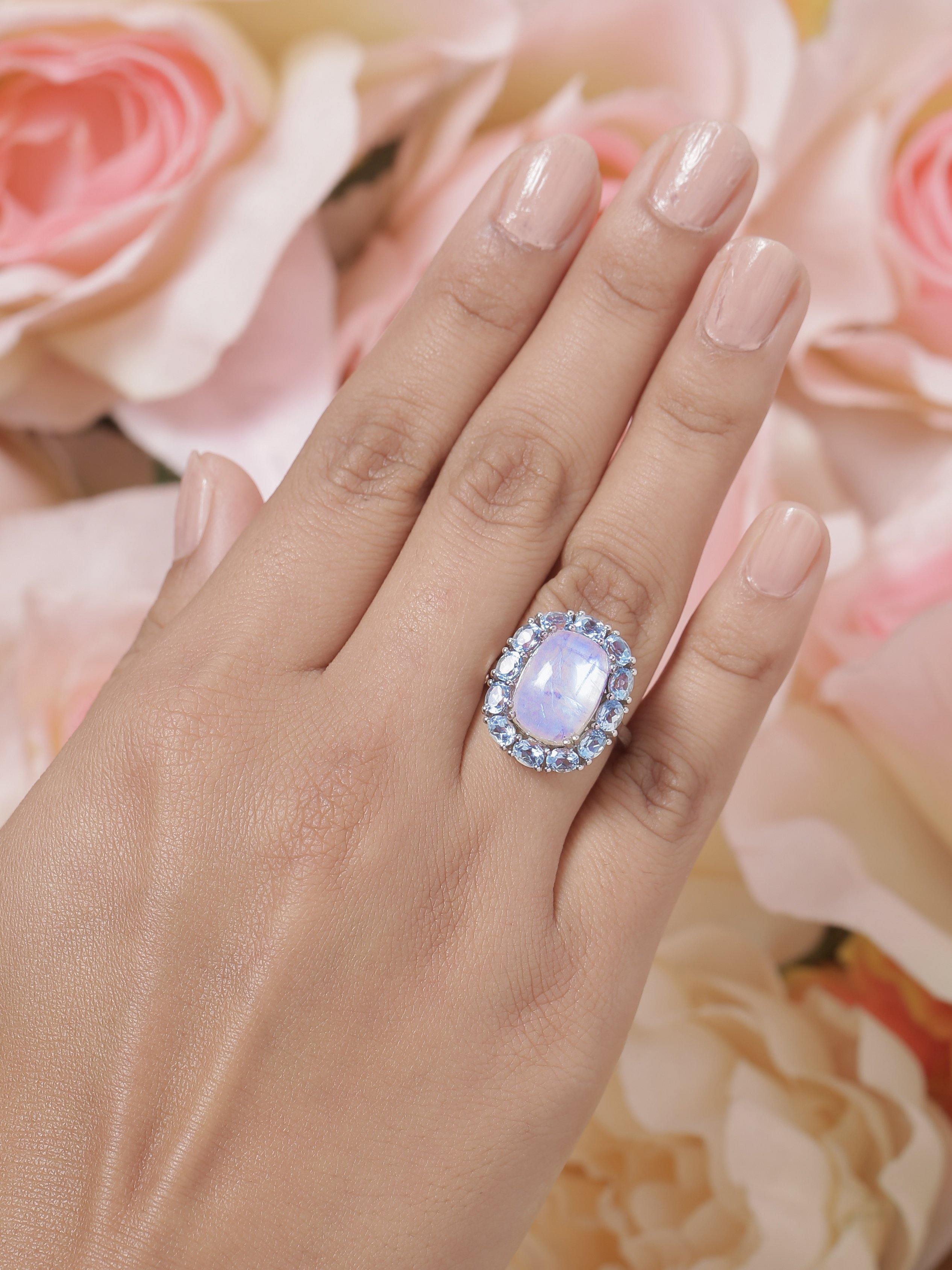 Rainbow Moonstone Sky Blue Topaz Solid 925 Sterling Silver Cluster Ring Jewelry - YoTreasure