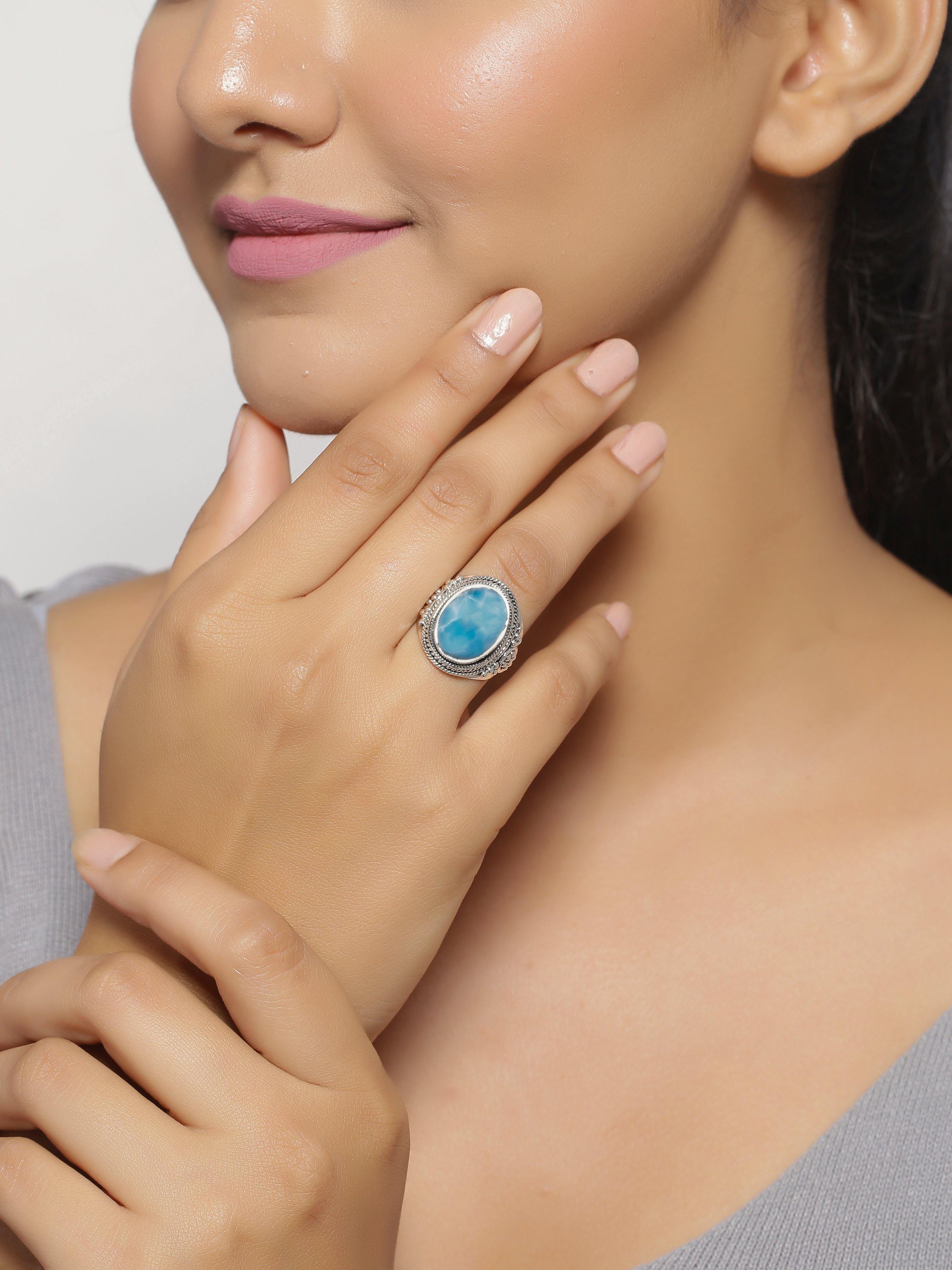 Natural Larimar Solid 925 Sterling Silver Ring Jewelry - YoTreasure