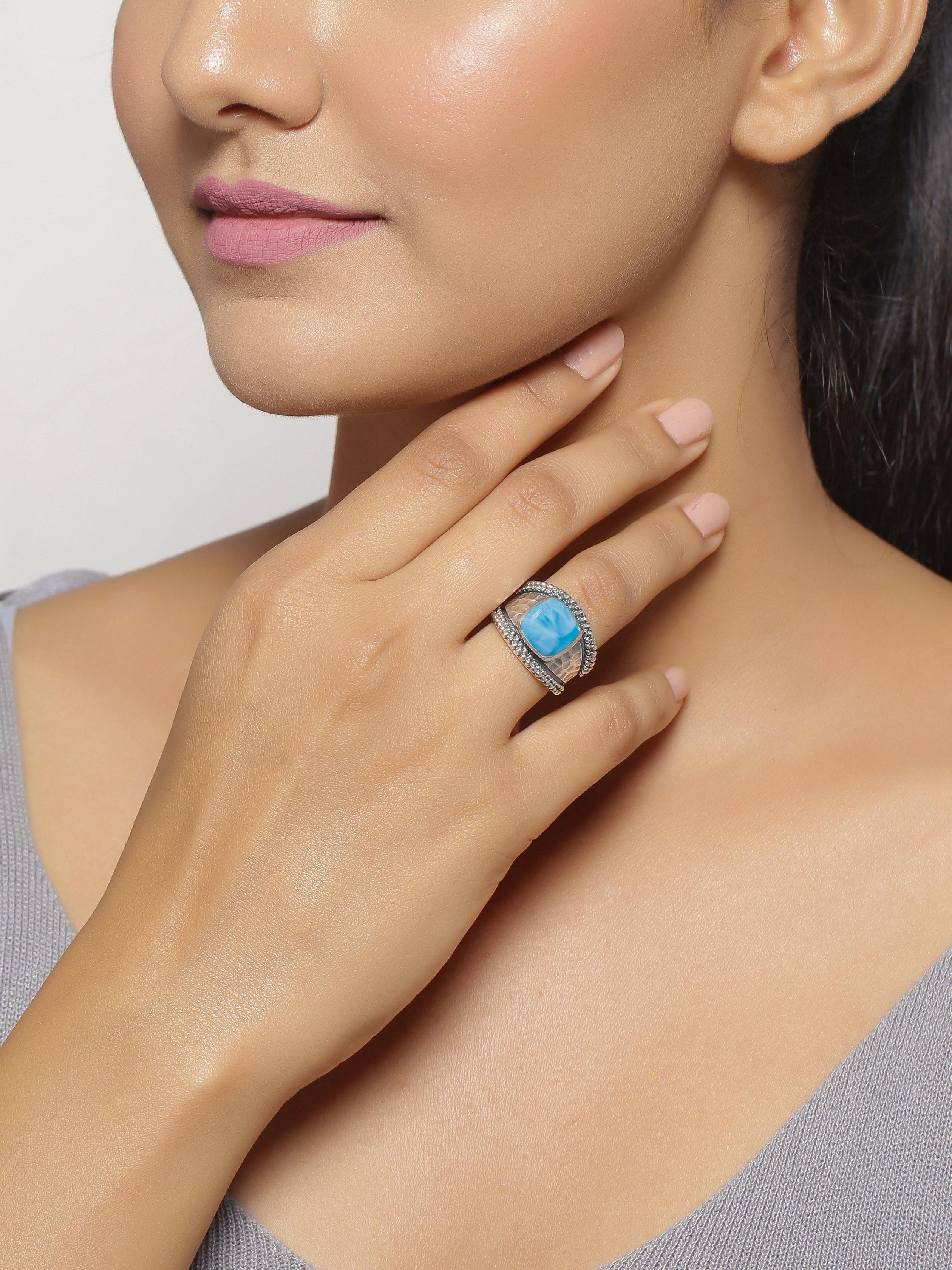 Natural Larimar Solid 925 Sterling Silver Ring Jewelry - YoTreasure
