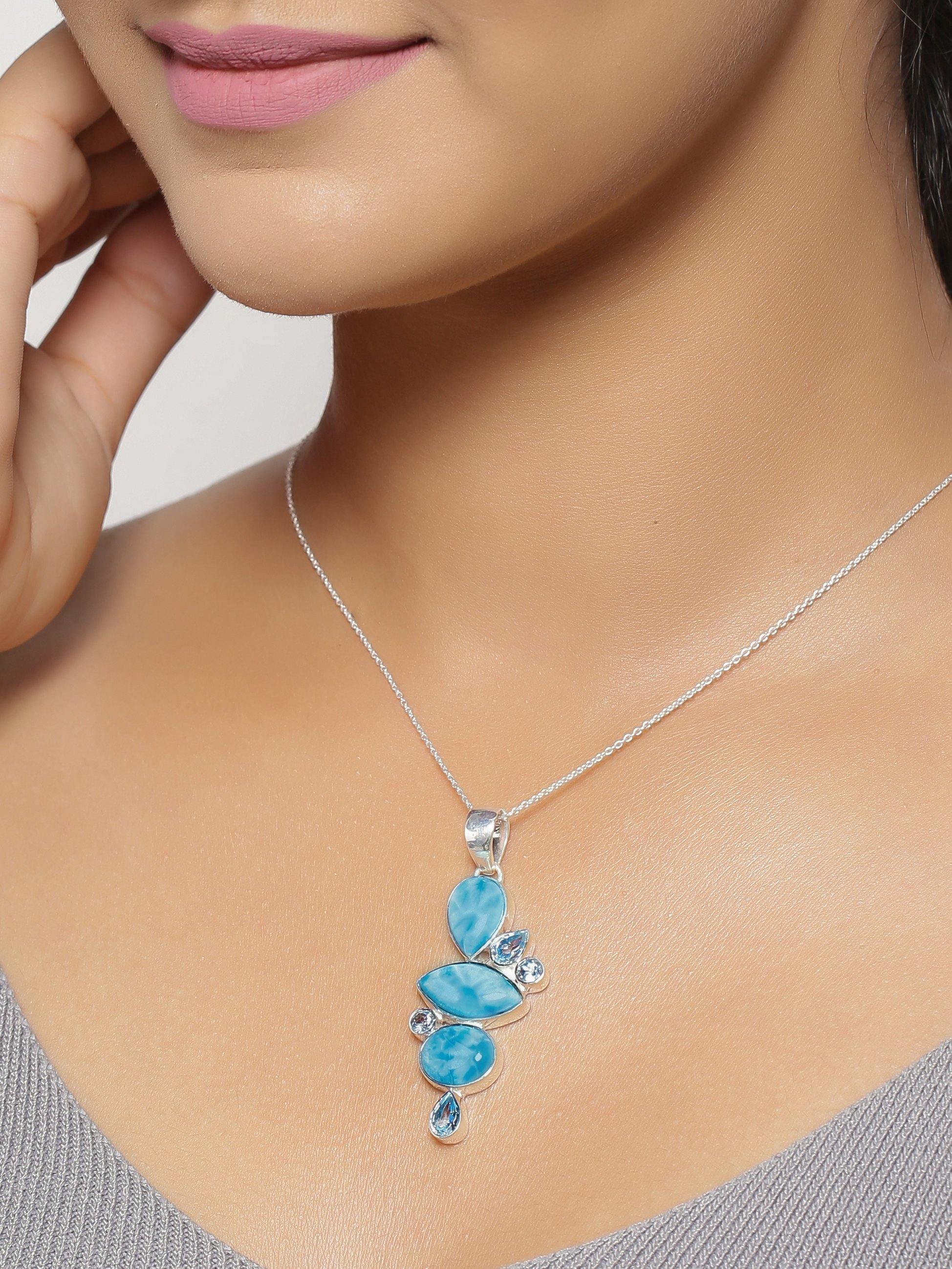 Larimar Blue topaz Solid 925 Sterling Silver Pendant Necklace - YoTreasure