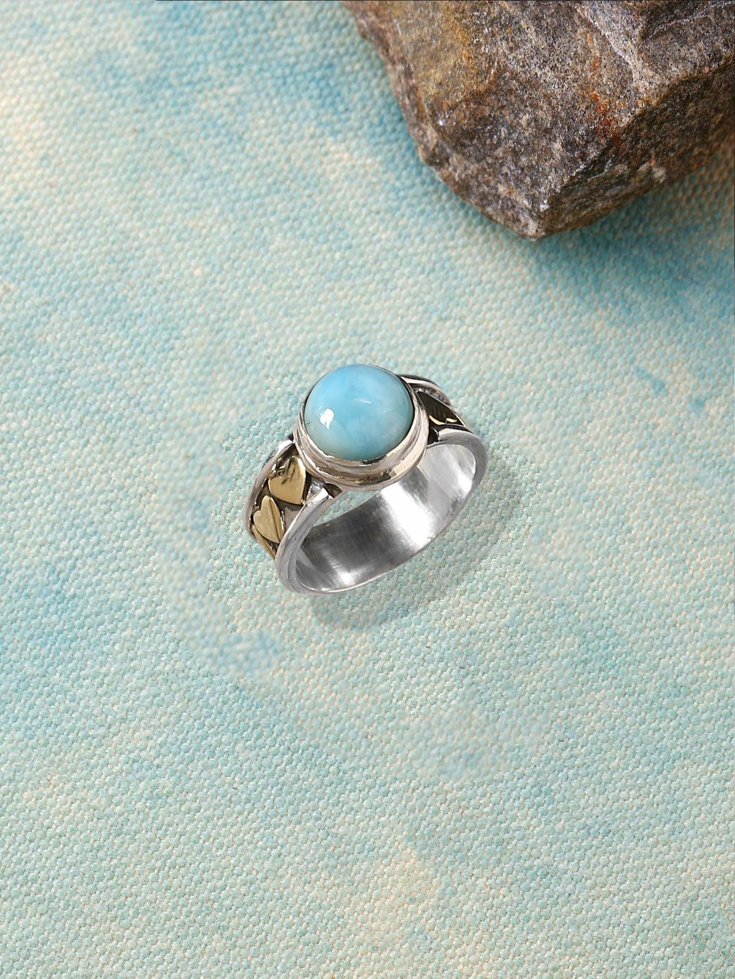 Larimar Solid 925 Sterling Silver Brass Gemstone Heart Ring Jewelry - YoTreasure